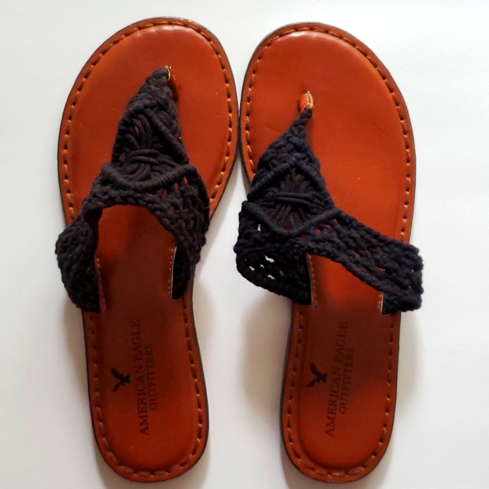 American Eagle Flip Flops Woven Macrame Strap Brown Leather Size 5